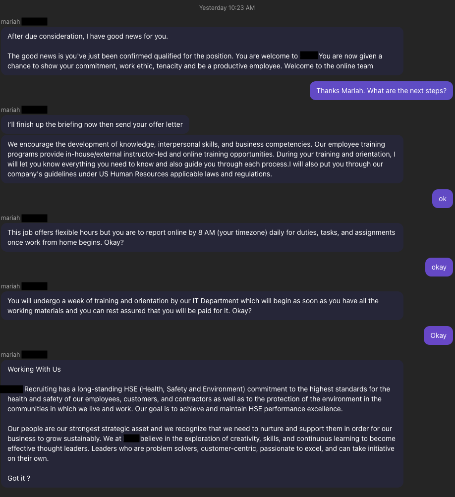 Chat between Chris White and an attacker attempting to scam him.